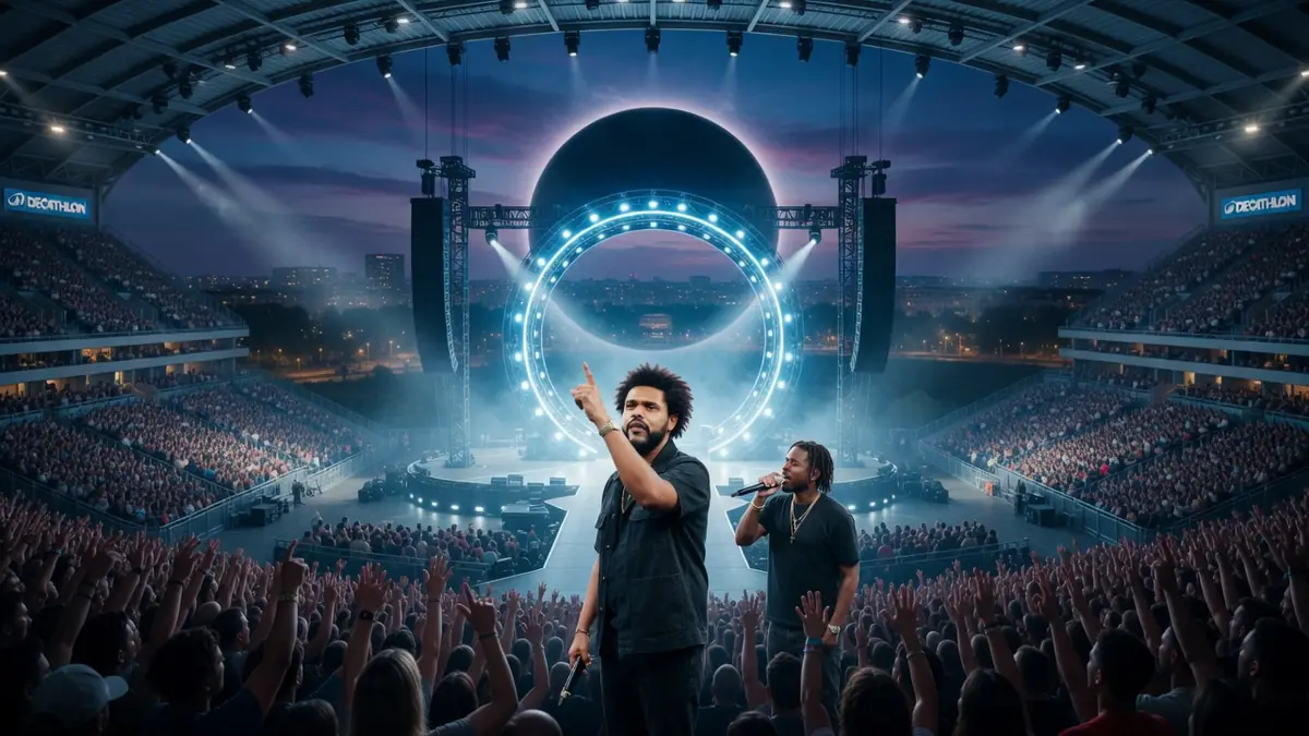 Vue d'ensemble du spectacle The Weeknd Lille avec artistes sur scène et foule en liesse