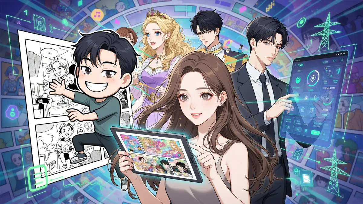 Une femme tenant une tablette est entourée de personnages animés dans un univers numérique dédié à Toon fr