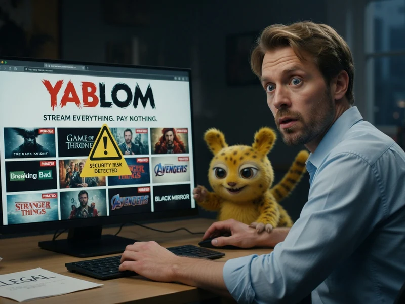 Un homme utilise Yablom en compagnie d'une mascotte jaune sur son bureau