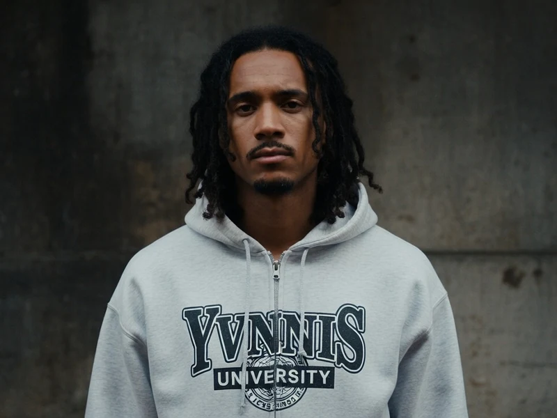 Yvnnis se tient debout en sweat gris devant un mur en béton