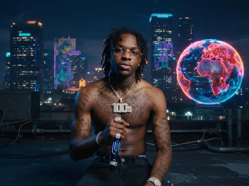 Un rappeur torse nu illustre le phénomène Zequin devant une skyline et un globe lumineux