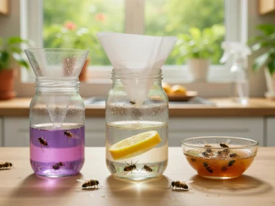 Deux bocaux et un bol remplis de liquide et d'insectes servent de piège à mouche fait maison sur une table de cuisine