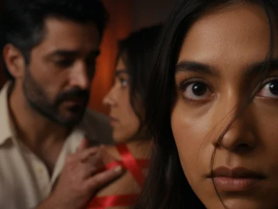 Une femme au regard intense exprime l'obsession tandis qu'un homme touche délicatement une femme en arrière-plan