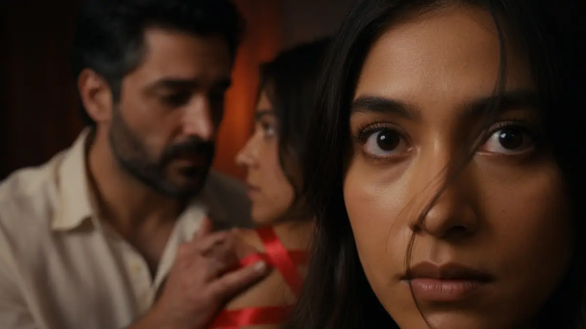 Une femme au regard intense exprime l'obsession tandis qu'un homme touche délicatement une femme en arrière-plan