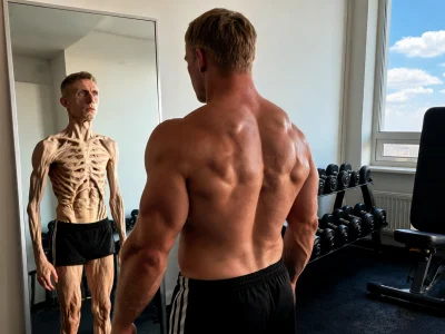 Un sportif bigorexique observe son reflet squelettique dans le miroir d'une salle de gym