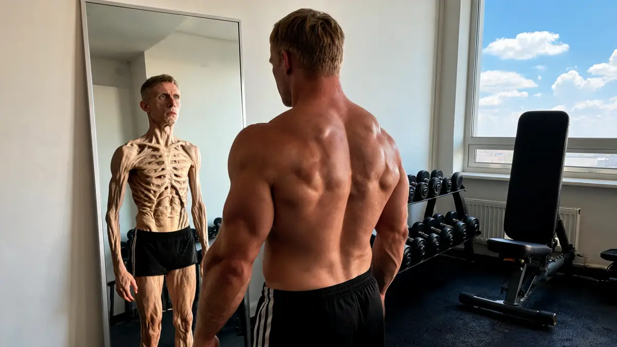 Un sportif bigorexique observe son reflet squelettique dans le miroir d'une salle de gym