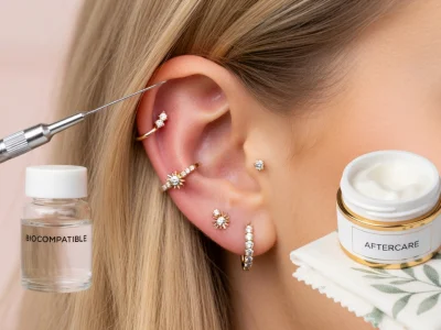Gros plan sur une oreille ornée de bijoux avec le matériel de soin nécessaire pour un piercing The Helix