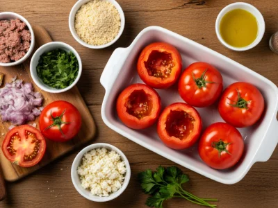 Des tomates creusées dans un plat blanc sont entourées d'ingrédients pour tomate farcie recette