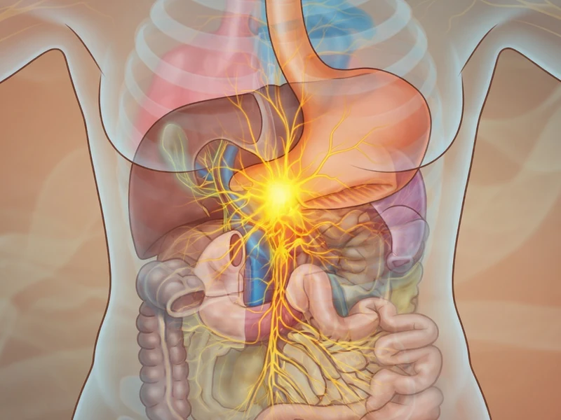 Vue anatomique montrant le plexus solaire rayonnant au centre de l'abdomen parmi les organes internes
