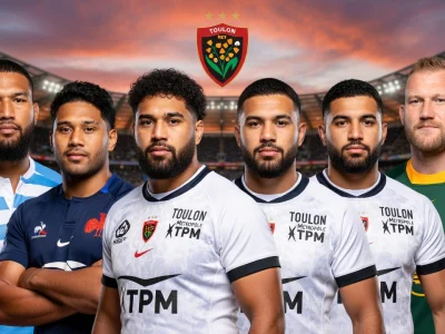 Plusieurs joueurs de rugby posent devant un stade pour illustrer l'actualité du RCT transfert