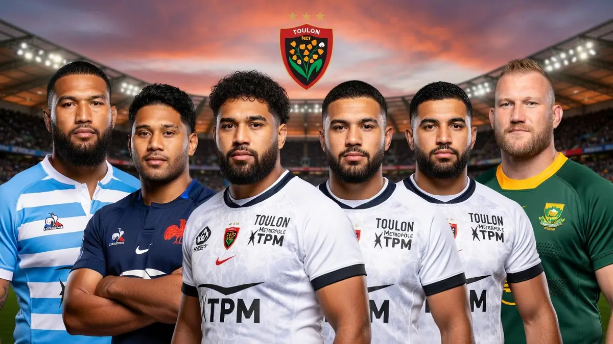 Plusieurs joueurs de rugby posent devant un stade pour illustrer l'actualité du RCT transfert