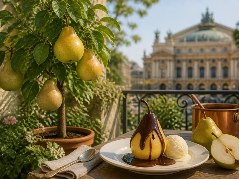 Un petit poirier Belle Hélène en pot à côté d'une assiette de dessert gourmand avec des poires au chocolat