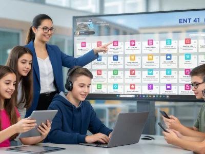 Une enseignante et des élèves utilisent l'ENT 41 sur écran interactif et tablettes en classe