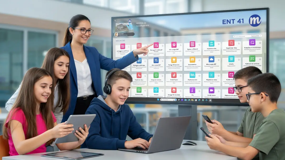 Une enseignante et des élèves utilisent l'ENT 41 sur écran interactif et tablettes en classe