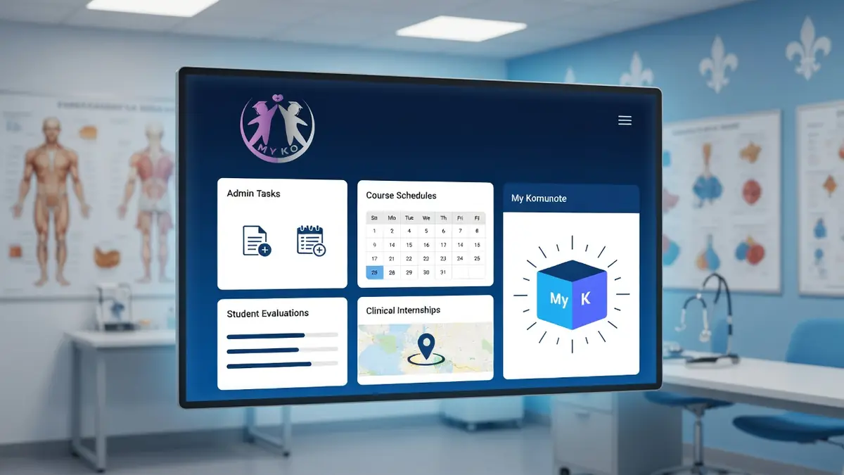 L'interface du portail Mykomunote est affichée sur un écran dans une salle de formation médicale