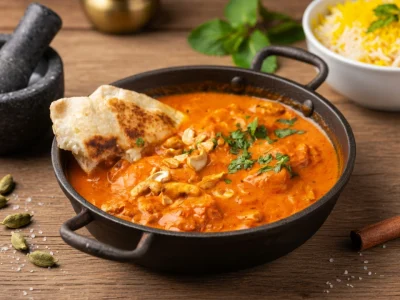 Un bol noir contient du poulet tikka masala avec un morceau de naan et du riz en accompagnement