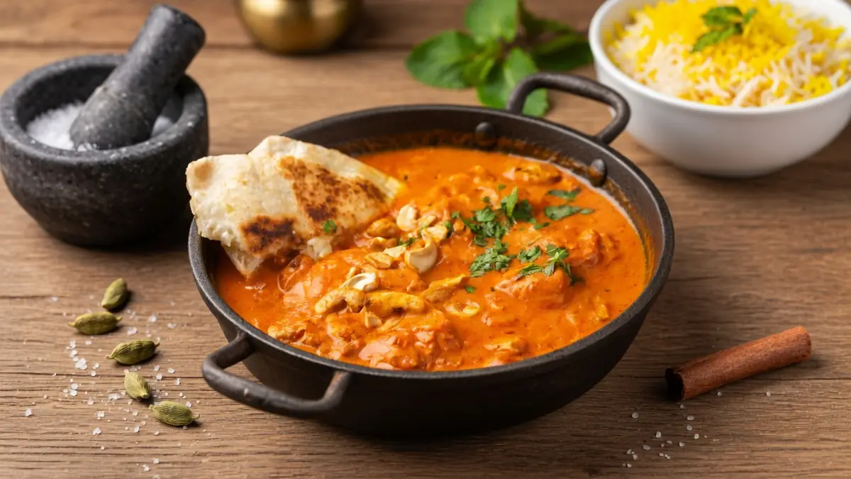 Un bol noir contient du poulet tikka masala avec un morceau de naan et du riz en accompagnement