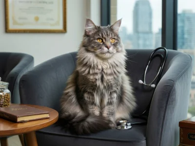 Un Maine Coon confortablement installé dans un fauteuil avec stéthoscope et vue sur ville au prix Maine Coon