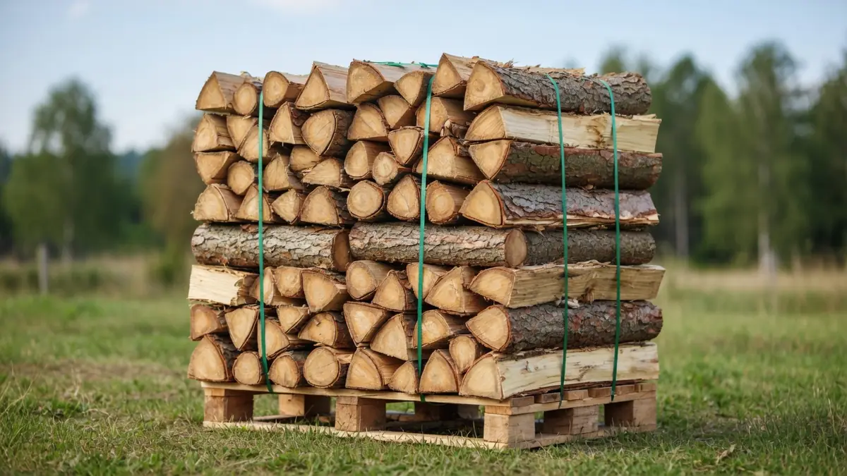 Une pile de bûches sur palette dans un champ illustre le prix d'une stère de bois en 50 cm