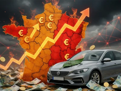 Une carte de France rouge et orange illustre le prix carte grise par cheval avec une voiture et des euros en hausse