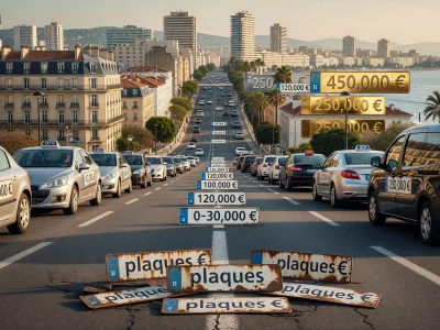 Une file de taxis sur une route urbaine près de la mer illustre le prix licence taxi
