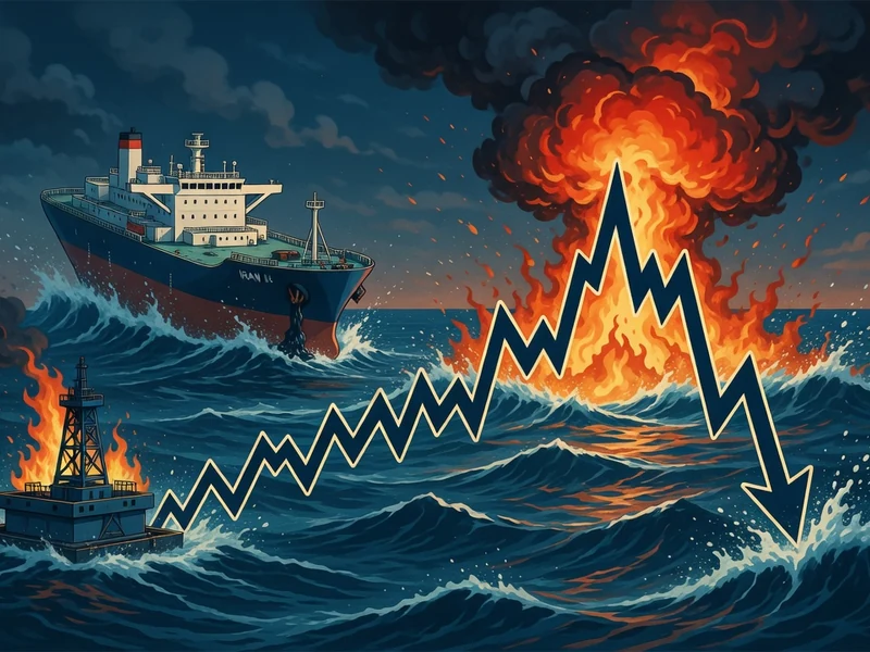 Ligne brisée du prix du pétrole baril plongeant dans une mer agitée avec un pétrolier et une plateforme en feu