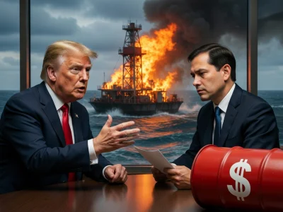 Des hommes en costume débattent du prix pétrole accord Iran face à une plateforme en feu et un baril de pétrole