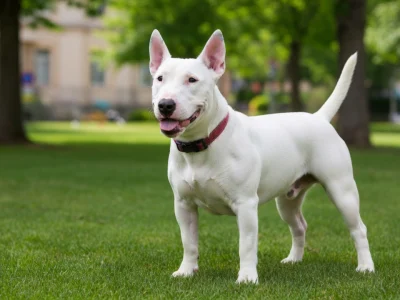 Un bull Terrier blanc se tient sur la pelouse verte