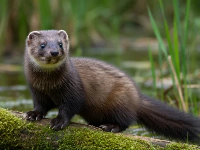 Un putois putoie sur un tronc moussu au-dessus de l'eau