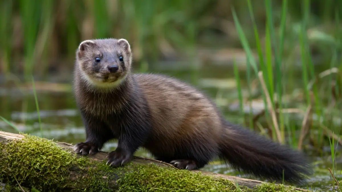 Un putois putoie sur un tronc moussu au-dessus de l'eau