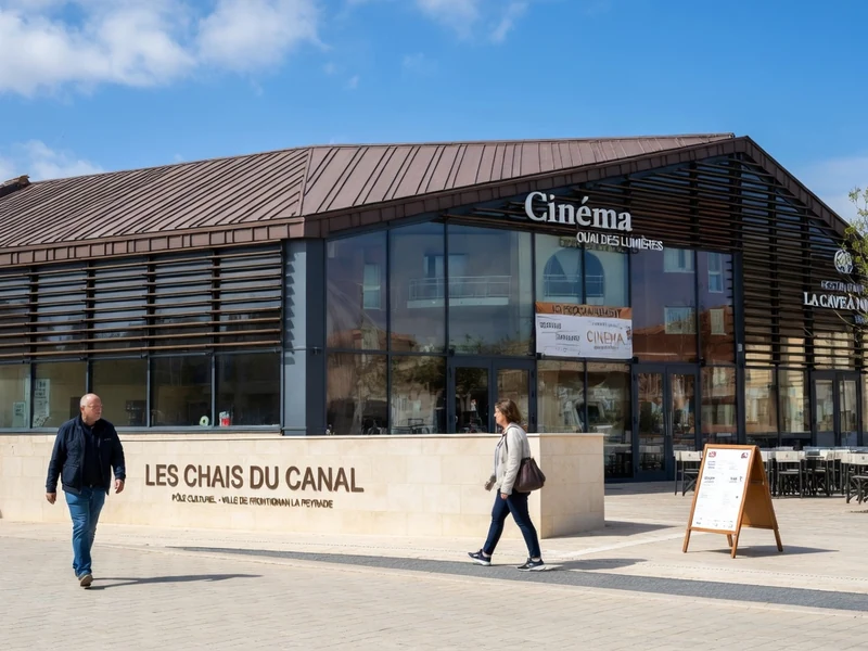 Façade moderne du nouveau cinéma Frontignan avec des passants sur le parvis ensoleillé