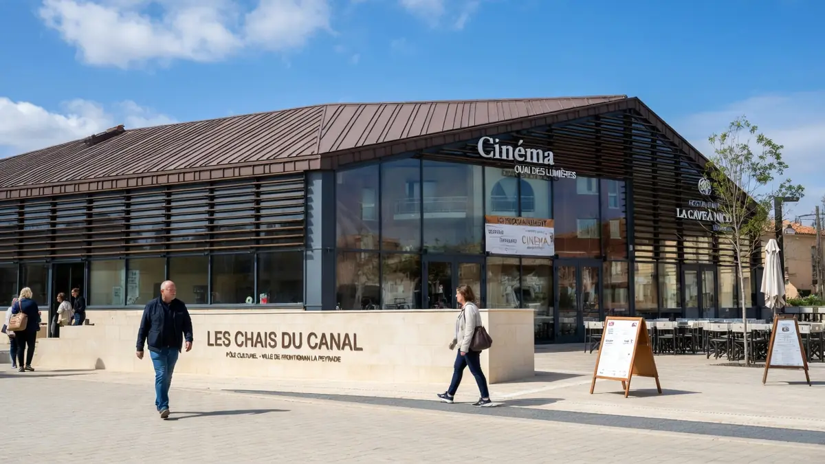 Façade moderne du nouveau cinéma Frontignan avec des passants sur le parvis ensoleillé