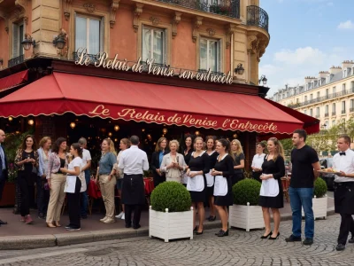 Des clients et serveurs réunis devant le Relais de Venise L'Entrecôte sur une terrasse parisienne