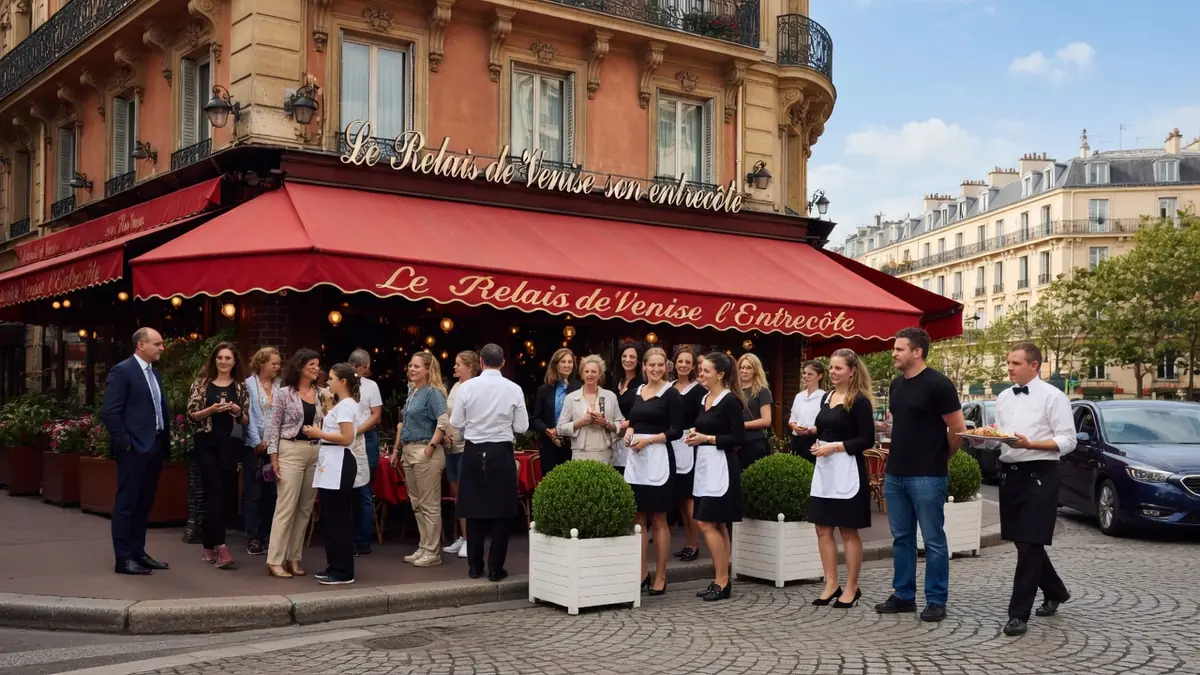 Des clients et serveurs réunis devant le Relais de Venise L'Entrecôte sur une terrasse parisienne