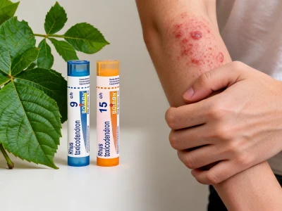 Une main retient un bras irrité près d'une plante et de tubes de Rhus tox