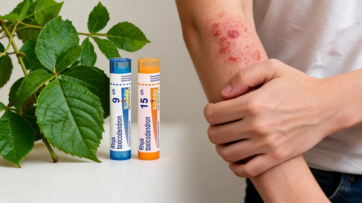 Une main retient un bras irrité près d'une plante et de tubes de Rhus tox