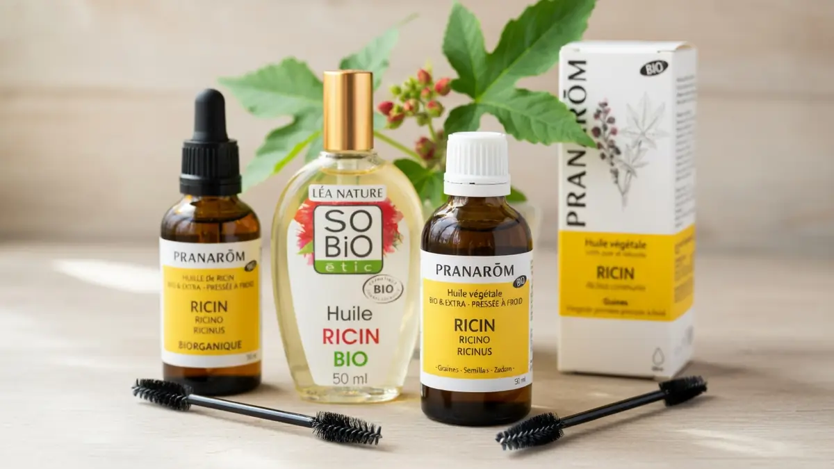 Des bouteilles d'huile de ricin bio avec des applicateurs et des feuilles en arrière-plan