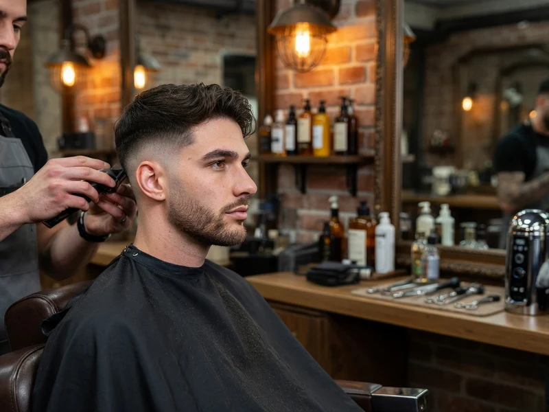 Un barbier exécute une coiff homme sur un client dans un salon rétro