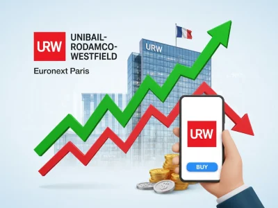 Une main tient un smartphone montrant un graphique en hausse des actions Unibail devant un immeuble et des pièces