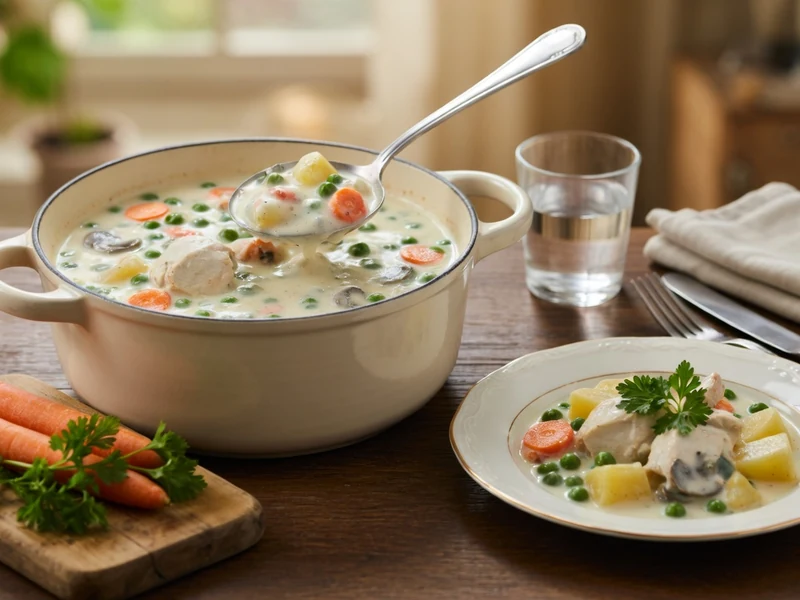 Une cocotte et une assiette de blanquette de poulet accompagnée de légumes frais sur une table en bois.