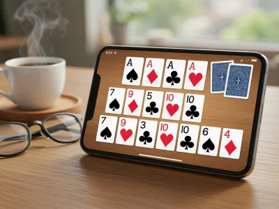 Une tablette sur une table en bois affiche un solitaire gratuit sans publicité à côté d'une tasse de café et de lunettes