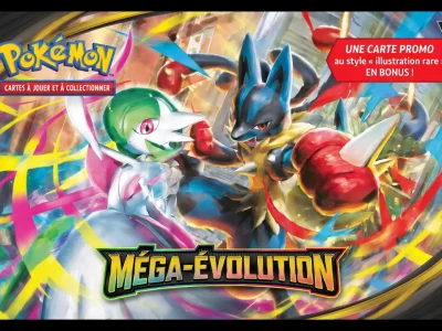 Illustration mettant en scène Gardevoir et Lucario pour présenter le display Mega Evolution de cartes Pokémon