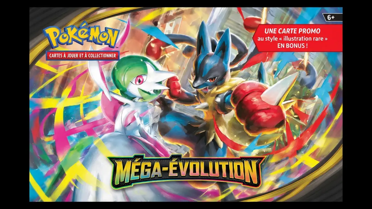 Illustration mettant en scène Gardevoir et Lucario pour présenter le display Mega Evolution de cartes Pokémon
