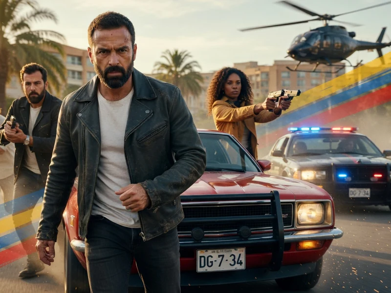 Un groupe de personnages armés en pleine course-poursuite évoquant l'intensité du film Balle perdue
