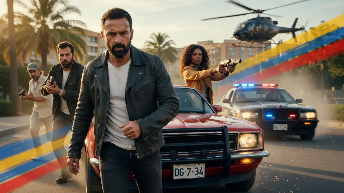 Un groupe de personnages armés en pleine course-poursuite évoquant l'intensité du film Balle perdue