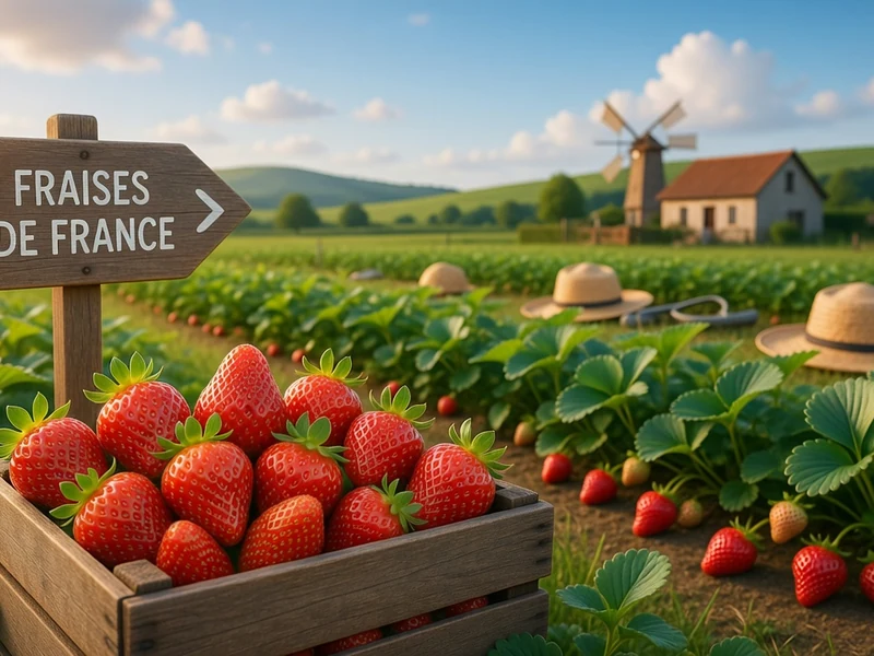 Caisse en bois pleine de fraises dans un champ à la saison fraise