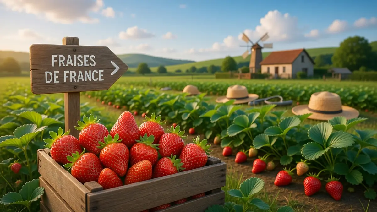Caisse en bois pleine de fraises dans un champ à la saison fraise