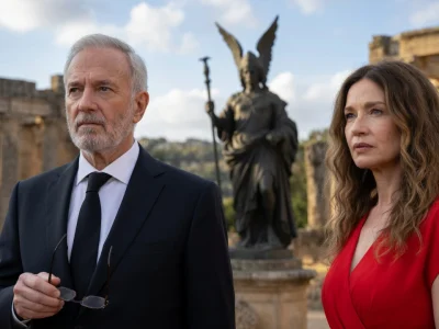 Un homme et une femme posent devant des ruines antiques dans une scène de la série Zodiaque TF1