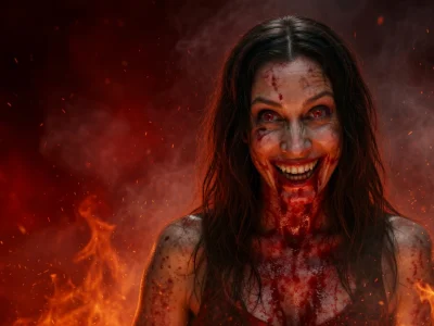 Une femme possédée au sourire terrifiant et sanglant apparaît au milieu d'un Evil Dead burn intense