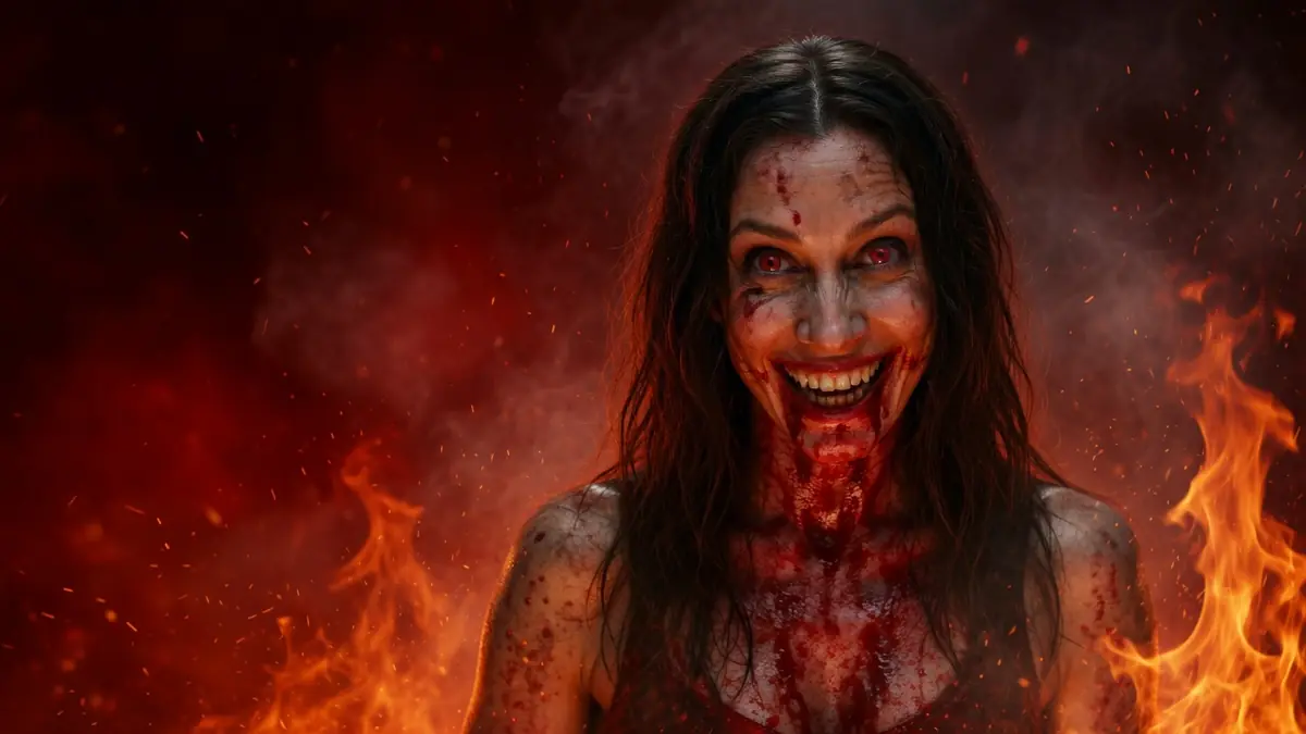 Une femme possédée au sourire terrifiant et sanglant apparaît au milieu d'un Evil Dead burn intense